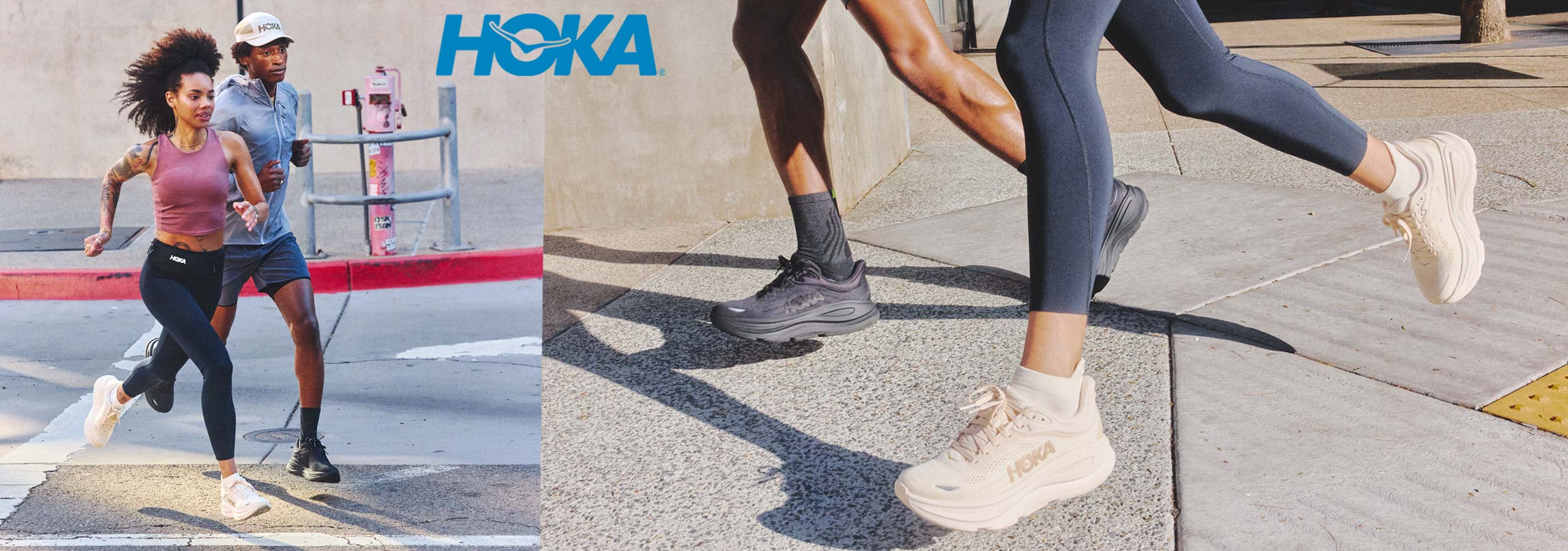 Two people running outdoors with Hoka shoes displayed.