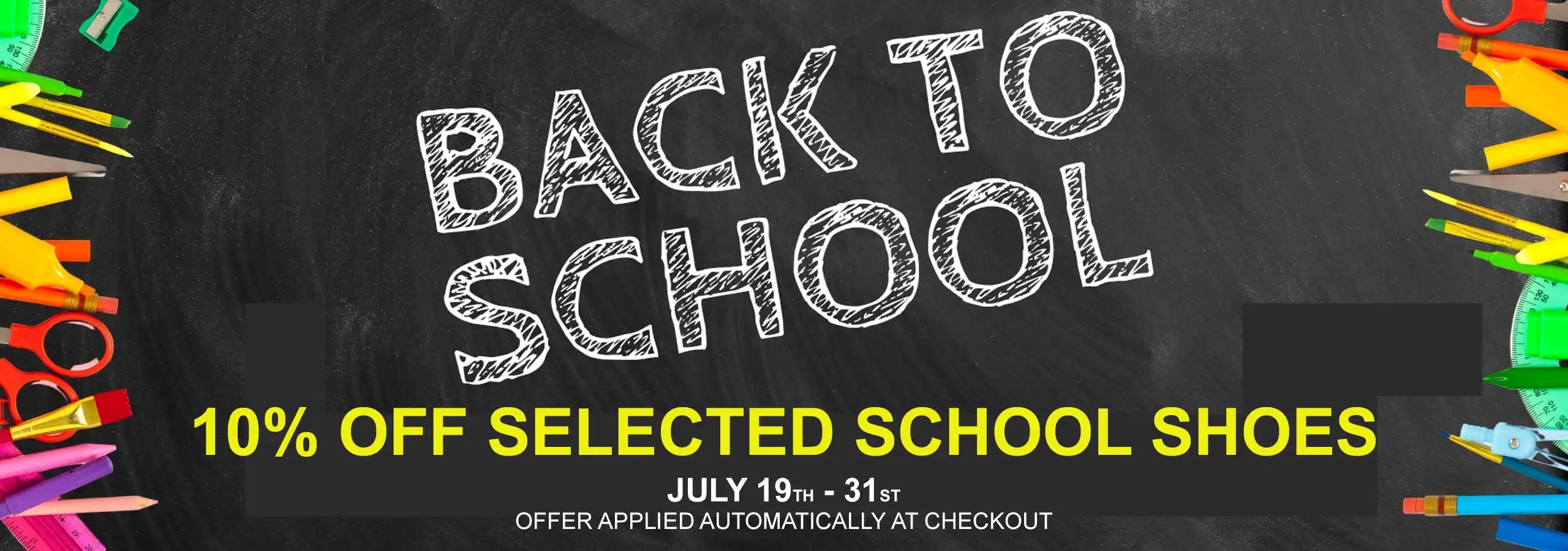 Promotional banner for back-to-school sale with colorful school supplies on a blackboard background.