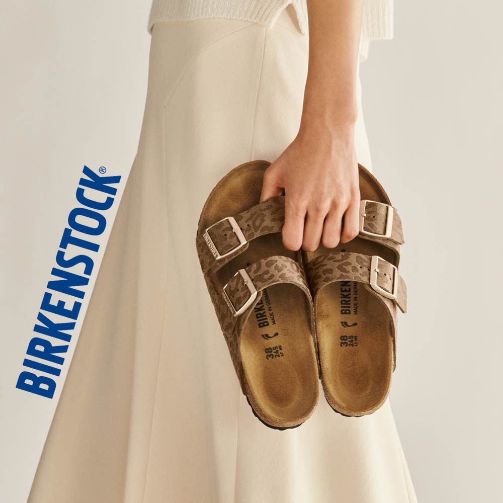 Birkenstock sandals held by a person with a white background