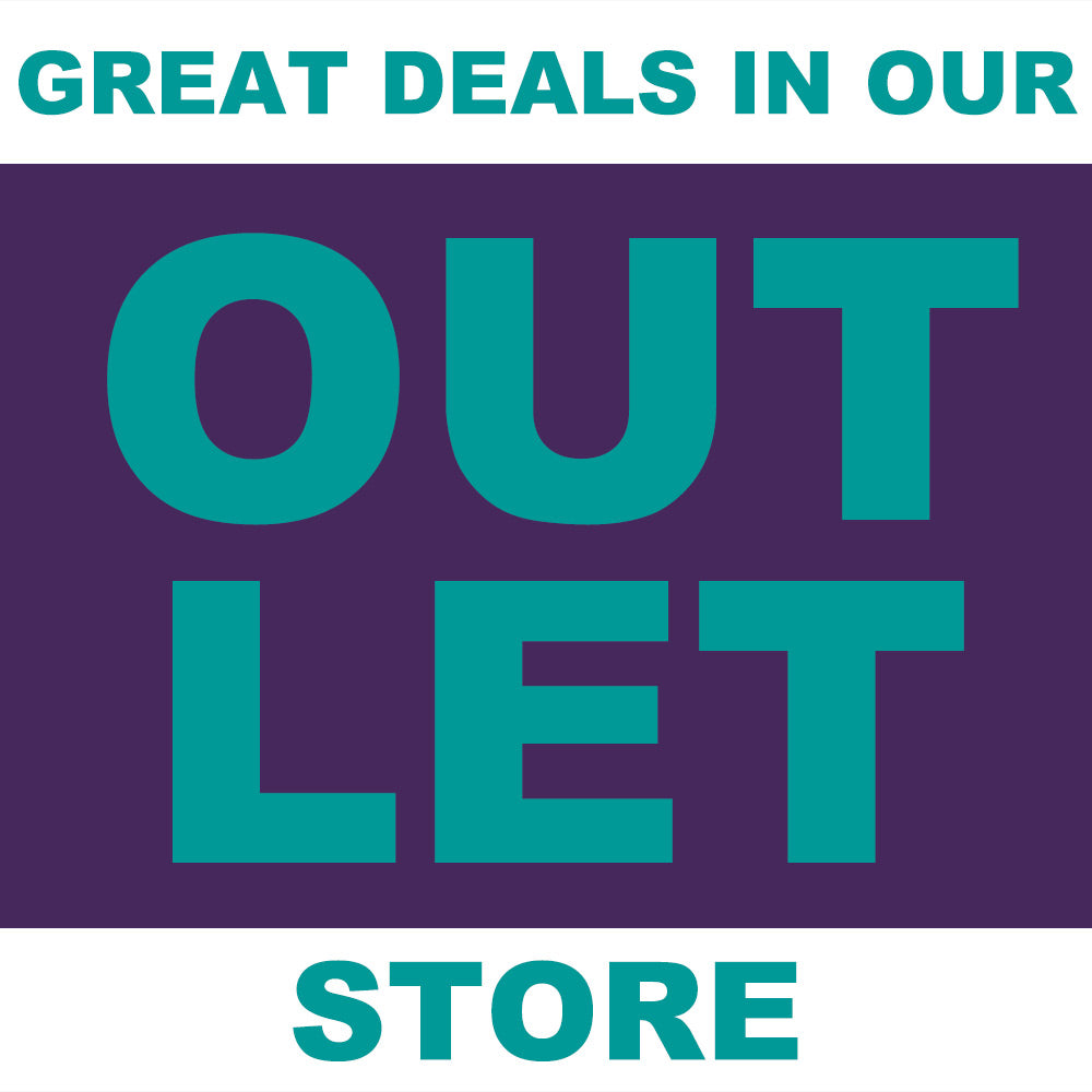 Promotional text for an outlet store with 'GREAT DEALS IN OUR OUTLET STORE' on a purple and teal background.