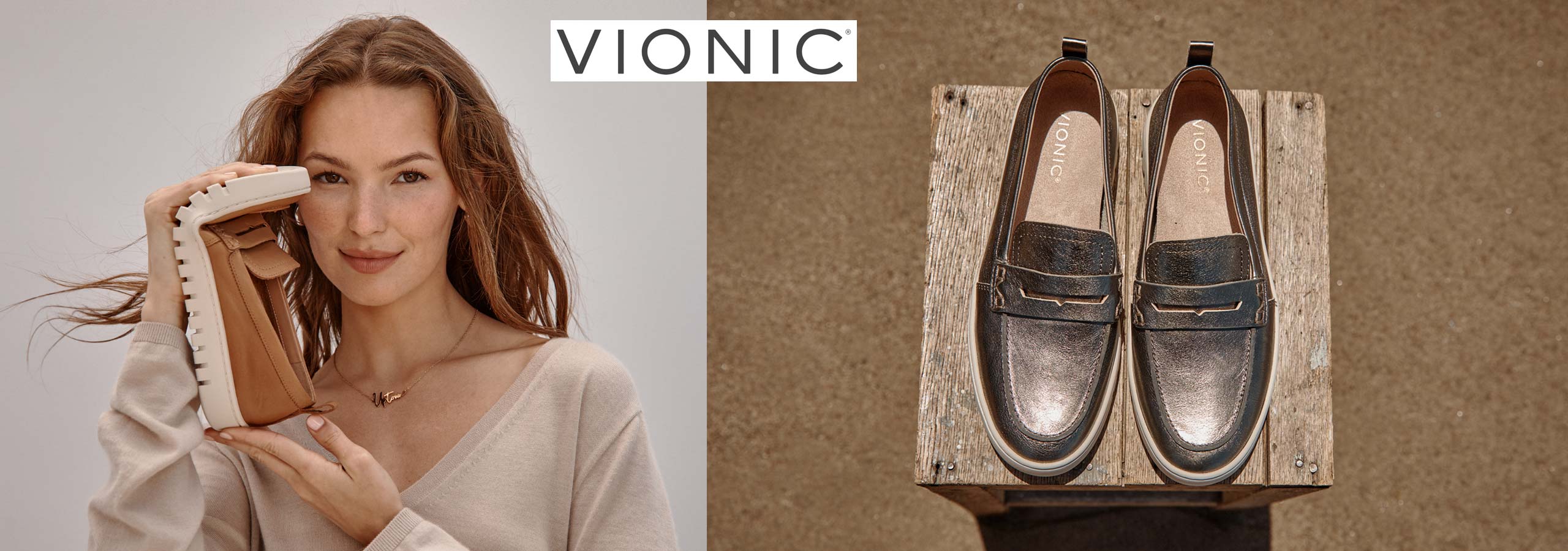 Woman holding a Vionic shoe with two shoes displayed on a wooden stand.