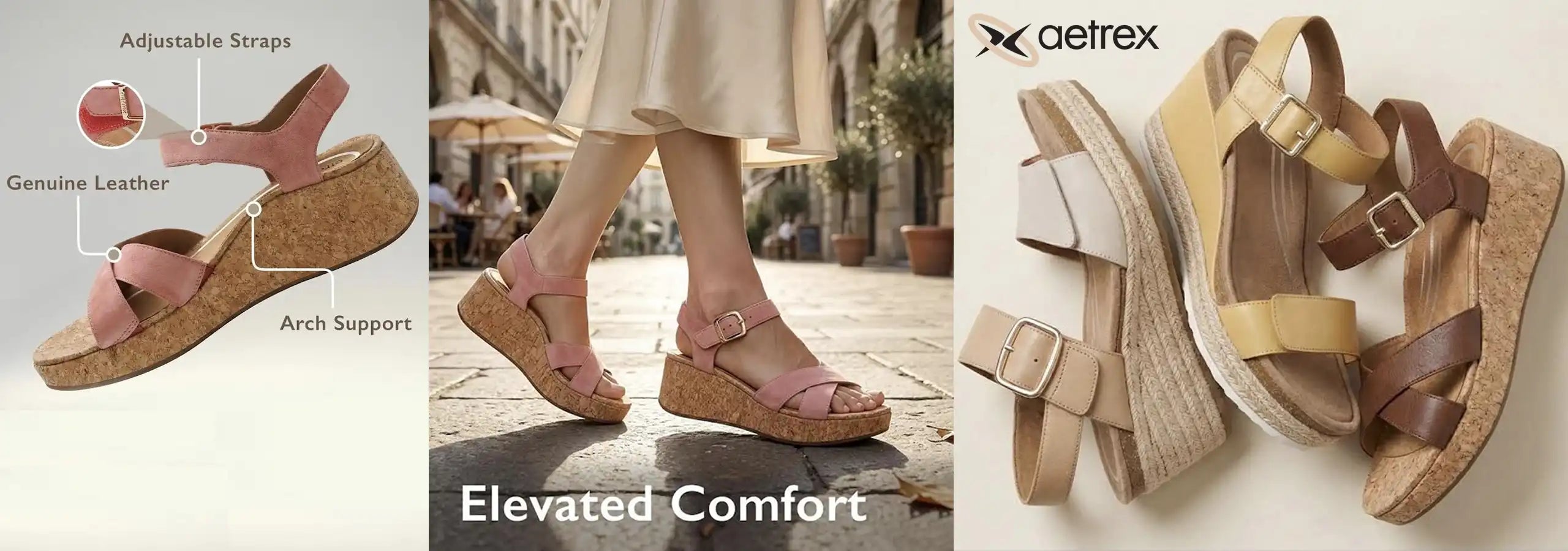 Sandals with adjustable straps and arch support, worn by a person, and a close-up of the sandals on a white background.