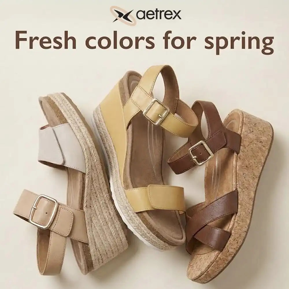 Three sandals in beige, yellow, and brown with 'aetrex' branding and 'Fresh colors for spring' text on a light background.