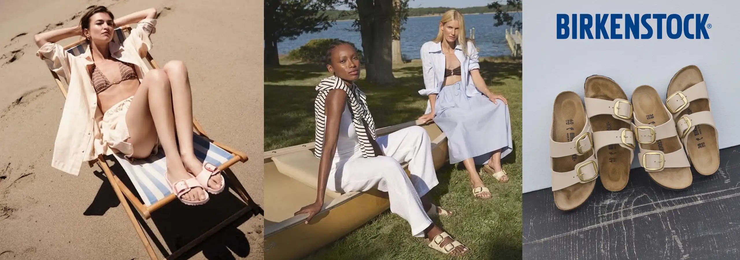 Three images showing a woman on a beach, sitting outdoors, and a close-up of Birkenstock sandals.