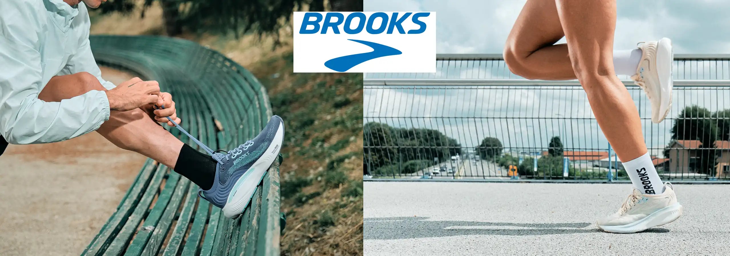 Two images showing people wearing Brooks running shoes, one on a bench and one outdoors.