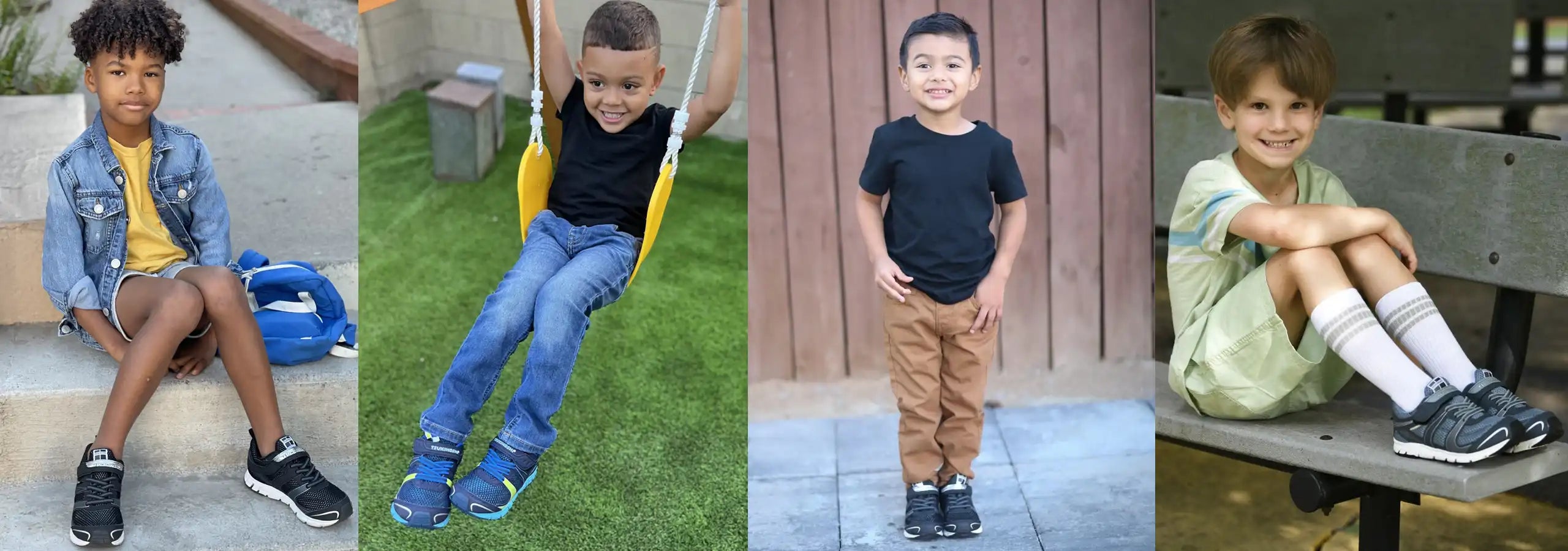 Four different images of a young boy in various settings.