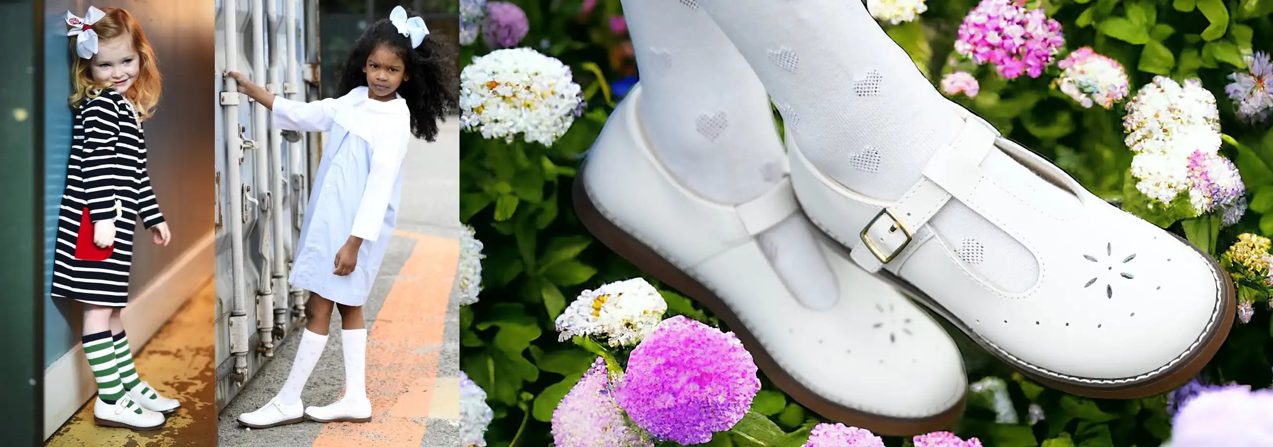Children's fashion collage with a girl in a striped dress, white coat, and white shoes, surrounded by flowers.