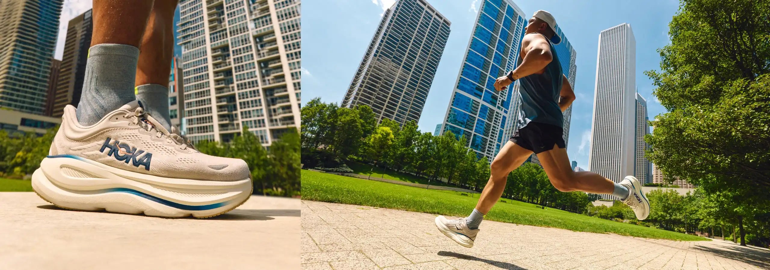 Person running in a city park with Hoka running shoes, close-up of shoe shown.