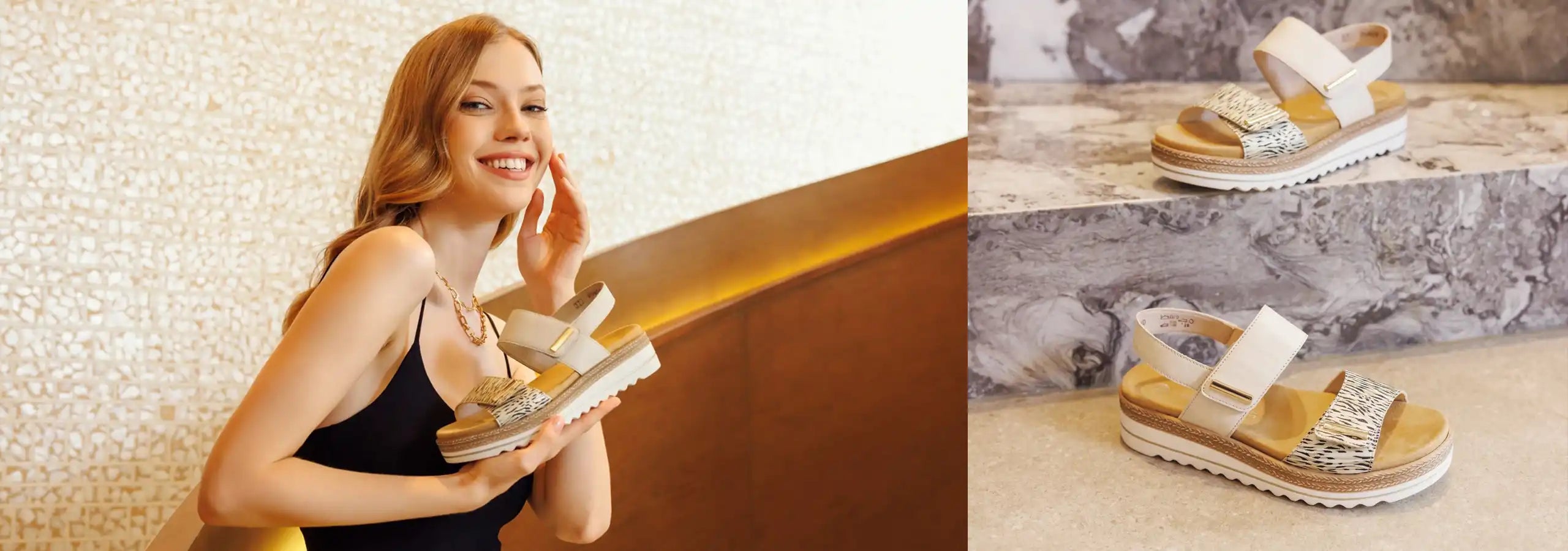 Woman holding a sandal with a close-up of the sandal on a stone surface