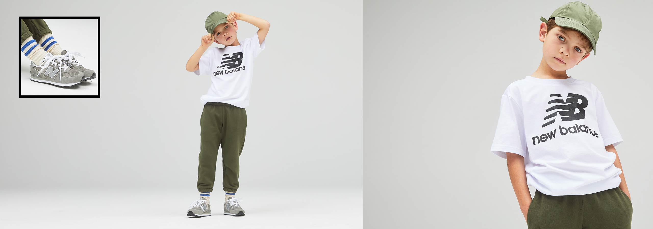 boy model wearing new balance gear and shoes and a cap