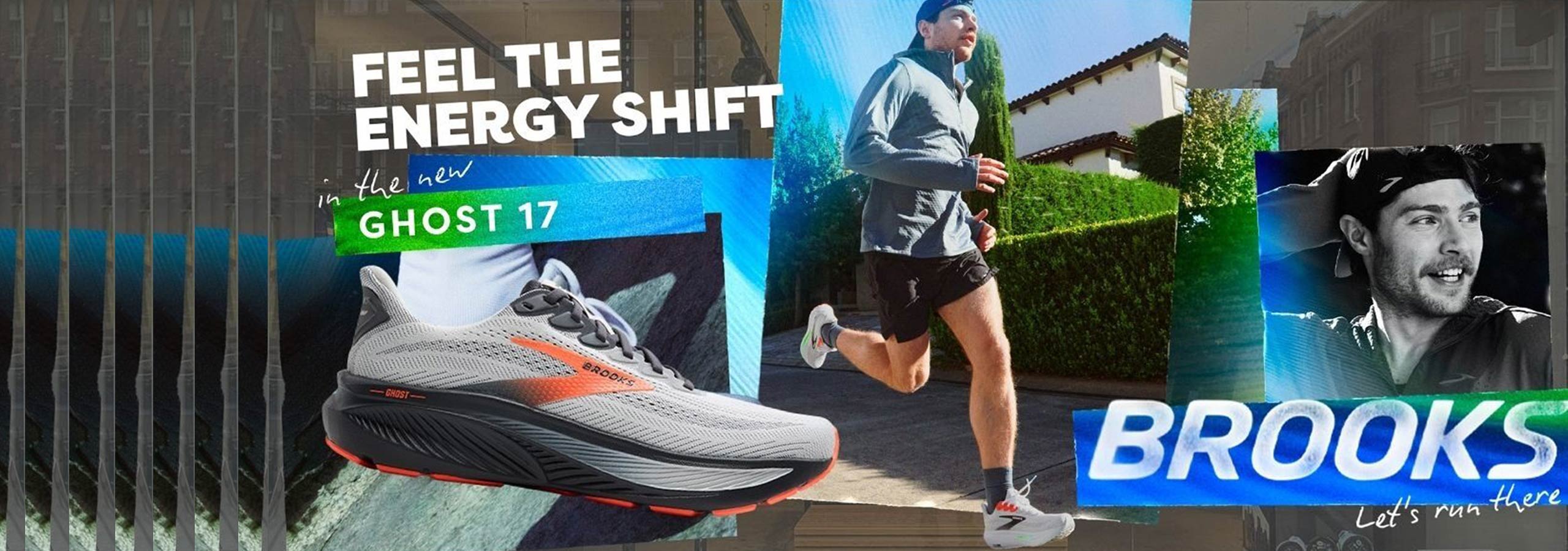 Brooks running shoe advertisement with a runner and promotional text.