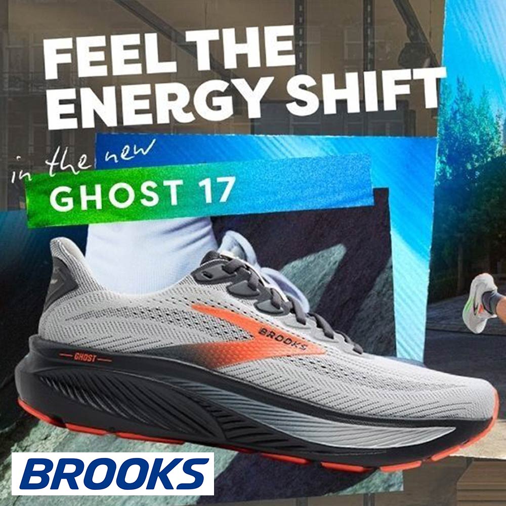 Brooks running shoe with promotional text 'Feel the Energy Shift in the new Ghost 17' against a blurred background.